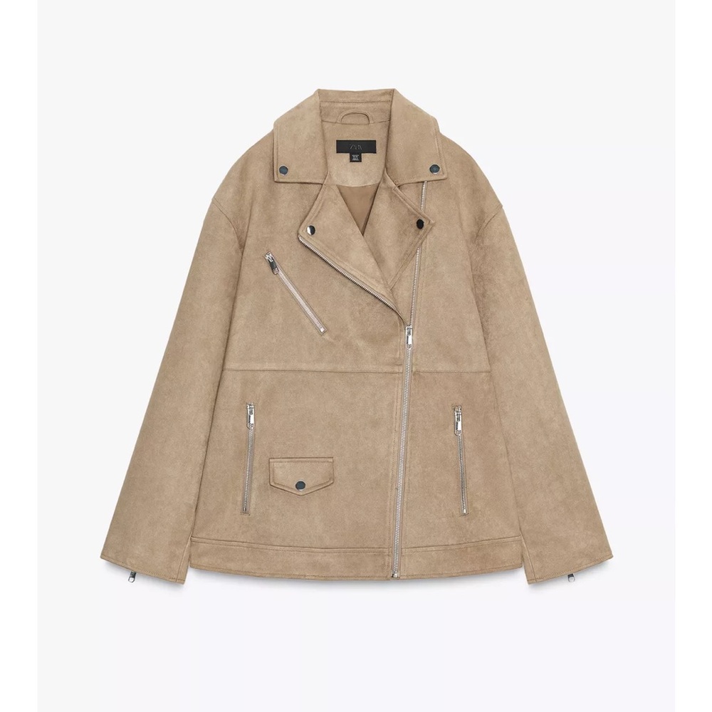 NOT AVAILABLE Zara Faux Suede Biker Jacket Taupe Brown | Size M NWT - Picture 5 of 6